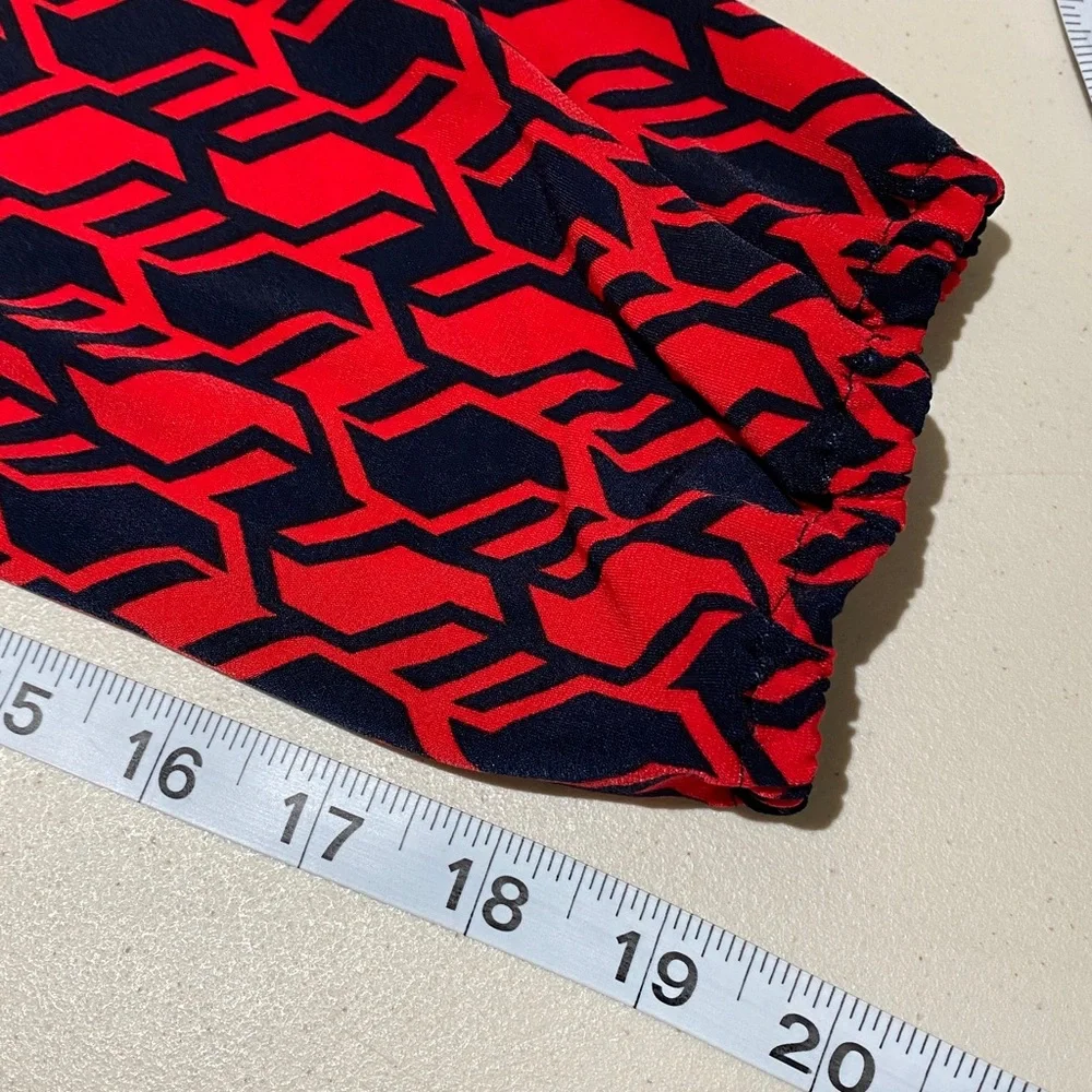 Michael Michael Kors Blouse Top Size L Red Navy Geometric Print Tie Neck - Picture 9 of 11